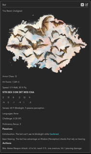 Data cell of a bat from D&D 5e
